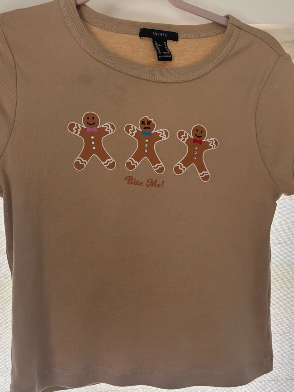 Forever 21 Tan Graphic Gingerbread Short Sleeve Tee
